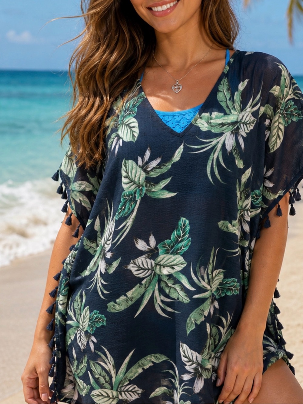 Beach  cover up Blue and Green Leaf Print Poncho